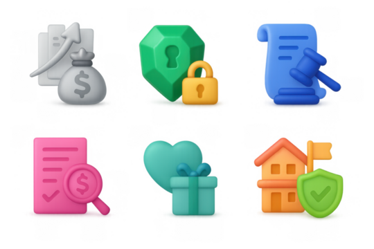Colorful 3d icons set representing finance, security and legal concepts