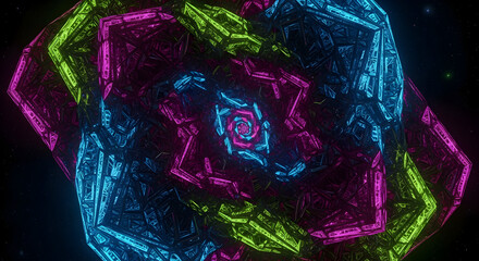 Abstract geometric fractal pattern with vibrant neon glowing lines in electric blue magenta and lime green against a dark background creating a mesmerizing tunnel effect