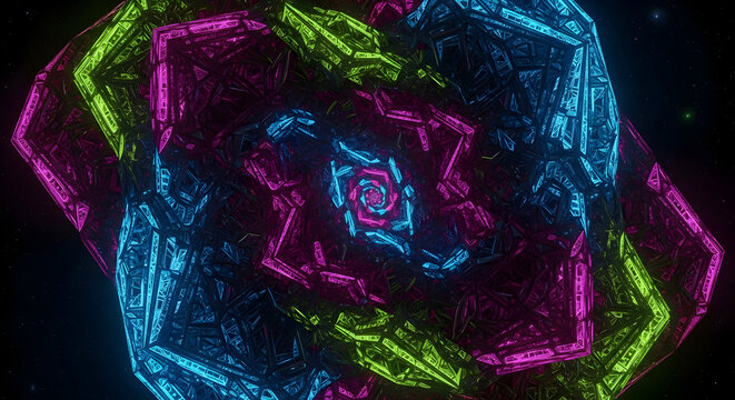 Abstract geometric fractal pattern with vibrant neon glowing lines in electric blue magenta and lime green against a dark background creating a mesmerizing tunnel effect