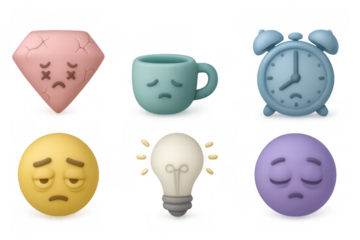 3d expression icons: emotions in pastel objects with sad faces