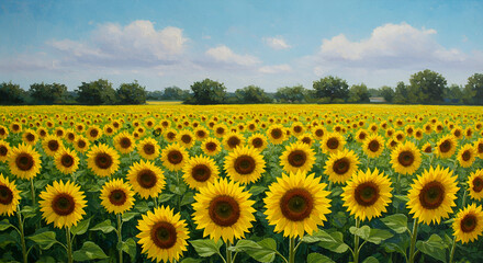 An impressionistic painting of a vibrant sunflower field under a clear blue sky.
