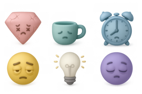 3d expression icons: emotions in pastel objects with sad faces