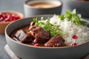 Experience delicious Persian fesenjan duck stew with rice and pomegranate accents