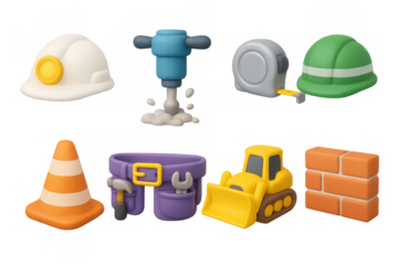 3d construction icons set with tools and safety equipment