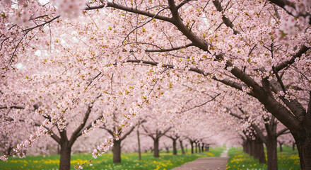 A picturesque avenue of cherry blossom trees in full bloom, lining a path with a vibrant green lawn scattered with yellow wildflowers.