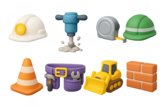 3d construction icons set with tools and safety equipment