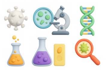 Playful 3d science icons: microscope, dna, virus, petri dish, beakers