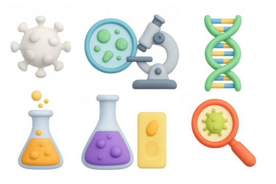Playful 3d science icons: microscope, dna, virus, petri dish, beakers