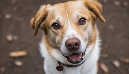 Closeup portrait of a happy golden retriever dog looking up at the camera