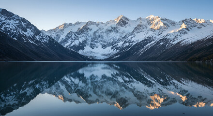 Snow-capped mountains bathed in morning light perfectly reflect on a calm, glacial lake.