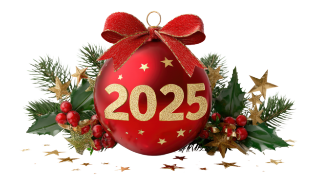 Christmas 2025 red bauble ornament with golden stars and festive decoration isolated on white background - Powered by Adobe