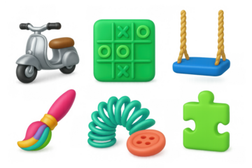 Colorful 3d icons of children toys and games for creative projects