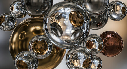 Abstract composition of metallic spheres and ovals with reflective surfaces creating a futuristic and modern aesthetic with a sense of depth and intrigue