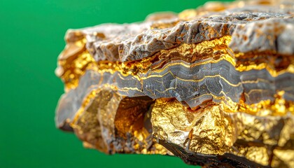Layers of pure gold shimmering in a geological rock sample on a green background