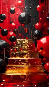 Gold steps, red and black spheres in a vibrant setting