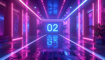 Neon-lit corridor with reflective floor