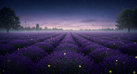An enchanting lavender field glows with fireflies under a starry night sky.