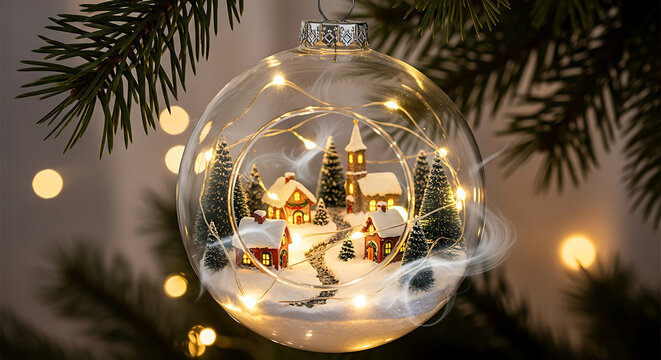 A clear glass Christmas bauble ornament with a miniature illuminated winter village scene inside, hanging on a festive fir tree.