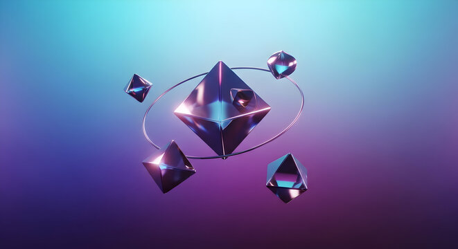 Abstract ethereal crystalline structure with orbiting geometric shapes and a vibrant gradient background of blue and purple hues representing technology and innovation