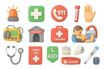 Emergency medical icons set: 3d render of first aid, trauma, and hospital symbols