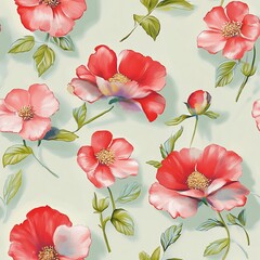 Fototapeta premium Seamless botanical pattern with vibrant red and pink flowers and green leaves on a light background