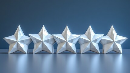 White faceted 3d stars representing five-star rating, clustering against blue background, signaling top-tier performance and customer excellence