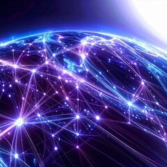 Obraz premium Glowing network connections depict data flow across an abstract representation of a digital world.