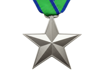 Isolated silver star award medal with green and blue ribbon honor achievement symbol