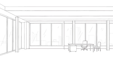 Minimalist line drawing of modern office with panoramic windows, large open space, and simple furniture layout representing contemporary workplace design.