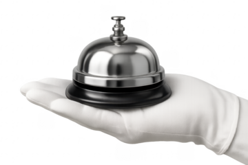 White gloved hand offering service bell on transparent background