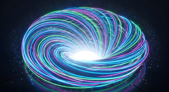 Vibrant swirling vortex of colorful neon light trails creating a mesmerizing cosmic portal effect with glowing particles against a dark background - Powered by Adobe