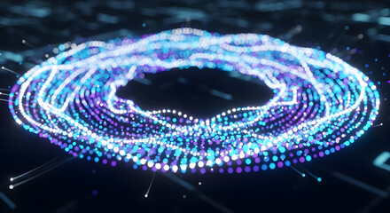 Abstract digital waveform ring of glowing blue and purple particles forming a circular pulsating energy field with a dark background representing data or sound visualization technology