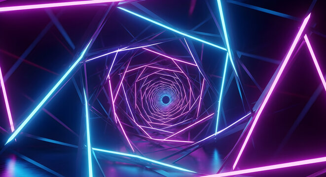 Abstract geometric tunnel with glowing neon blue and purple lines creating a sense of depth and futuristic movement
