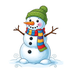 Cheerful snowman isolated on transparent background, adorned with a green knit hat, a colorful striped scarf, and a carrot nose, standing amidst a snowy landscape, radiating winter holiday joy and fes