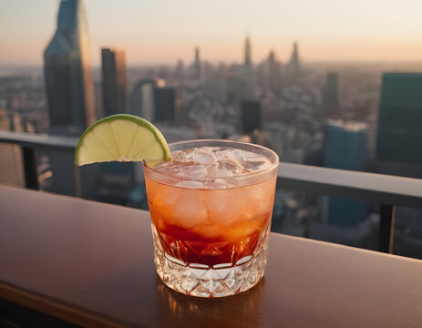 a beautiful cocktail at a rooftop bar overlooking a gorgeous city, cocktail with ice and mint
