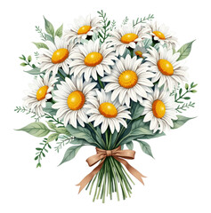 Obraz premium Elegant White Daisy Bouquet with Lush Green Foliage and Natural Ribbon Tie, Symbolizing Purity and Cheerfulness, Isolated on Transparent and White Background