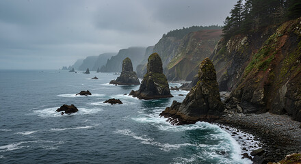 Dramatic coastal landscape featuring towering sea stacks and rugged cliffs under a moody, overcast sky.