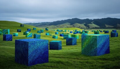 Many teal, blue, and green cubes on a grassy field, hills in the background