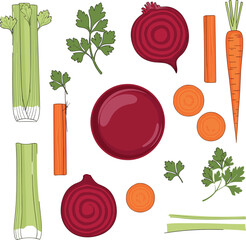 Vector Flat Lay of Beet Juice with Fresh Vegetables.