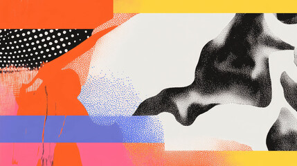 Modern abstract design blending various graphic patterns and vibrant color blocks, creating a striking visual