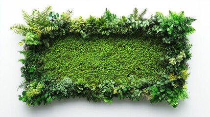 Green leafy frame bordered by verdant moss forming natural wall decor element