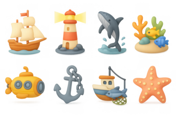 3d marine adventure: boats, sea creatures, and ocean icons in 3d style