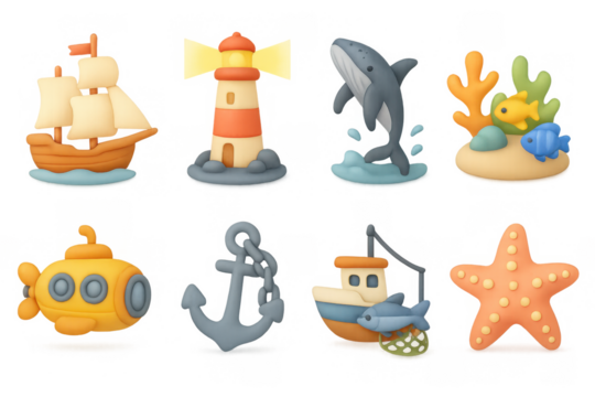 3d marine adventure: boats, sea creatures, and ocean icons in 3d style