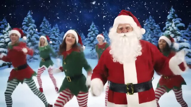 Santa and elves dancing in a snowy winter wonderland Christmas celebration scene