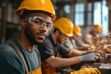 Diverse drawbench operators collaborate in a metal workshop focusing on teamwork and precision