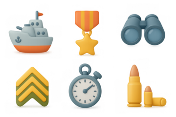 Military icon set featuring 3d ship, medal, binoculars, timer, and ammunition