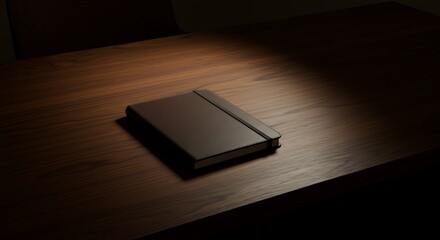 A closed notebook on a wooden table under a spotlight.