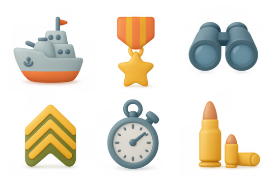 Military icon set featuring 3d ship, medal, binoculars, timer, and ammunition