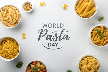 World Pasta Day Poster with Assorted Pasta Dishes on White Background
