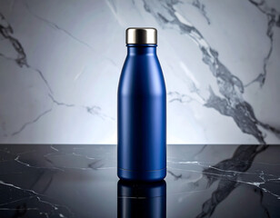 Close-Up of a Stylish Blue Water Bottle on Marble Surface